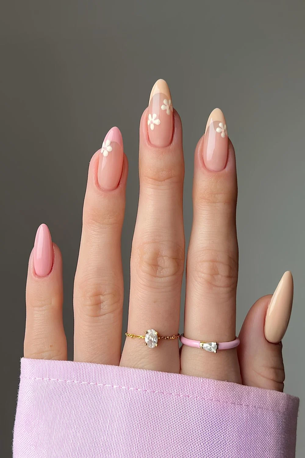 Pink and peach floral French nails