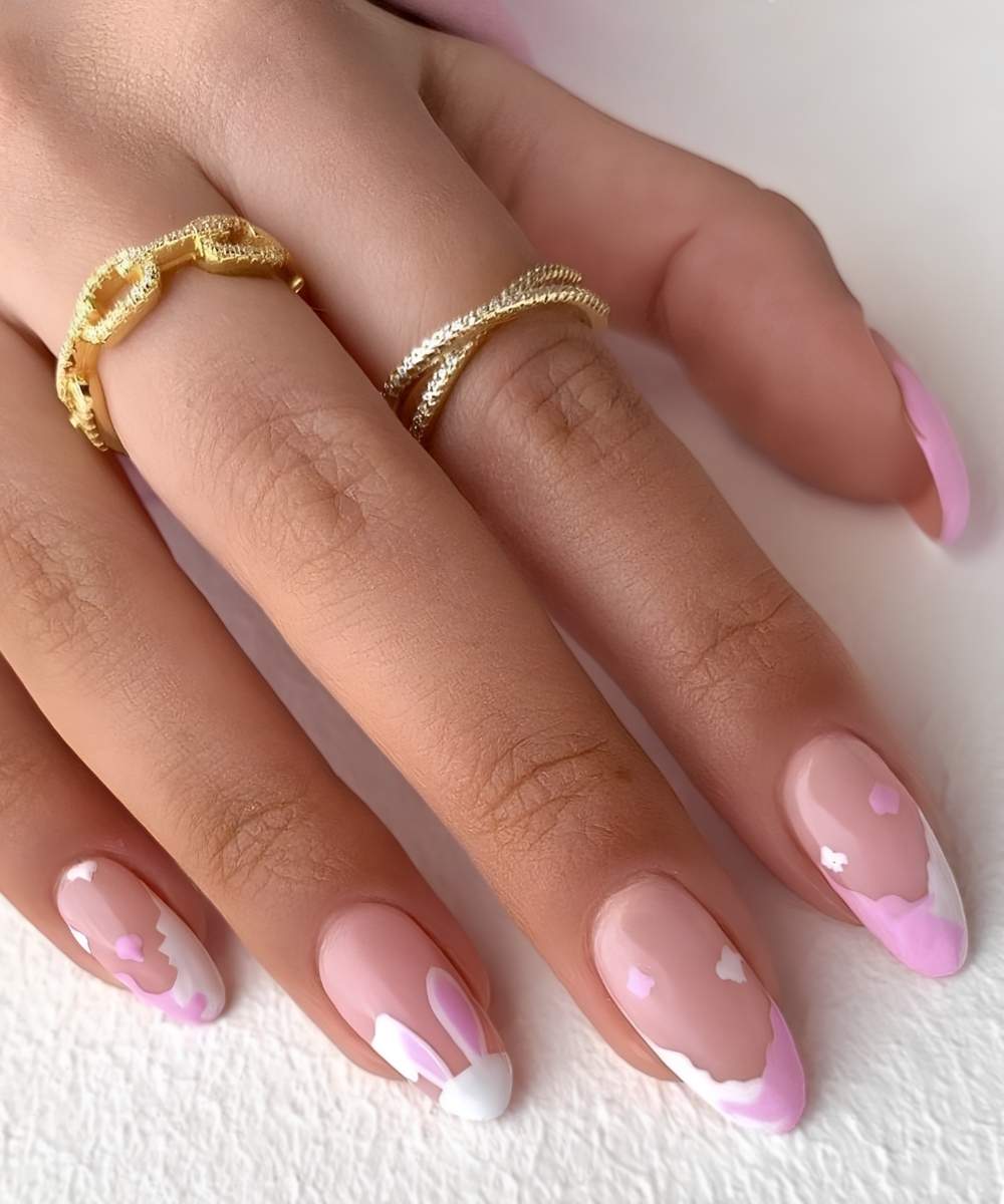 Pink and white French mani with Easter bunny art