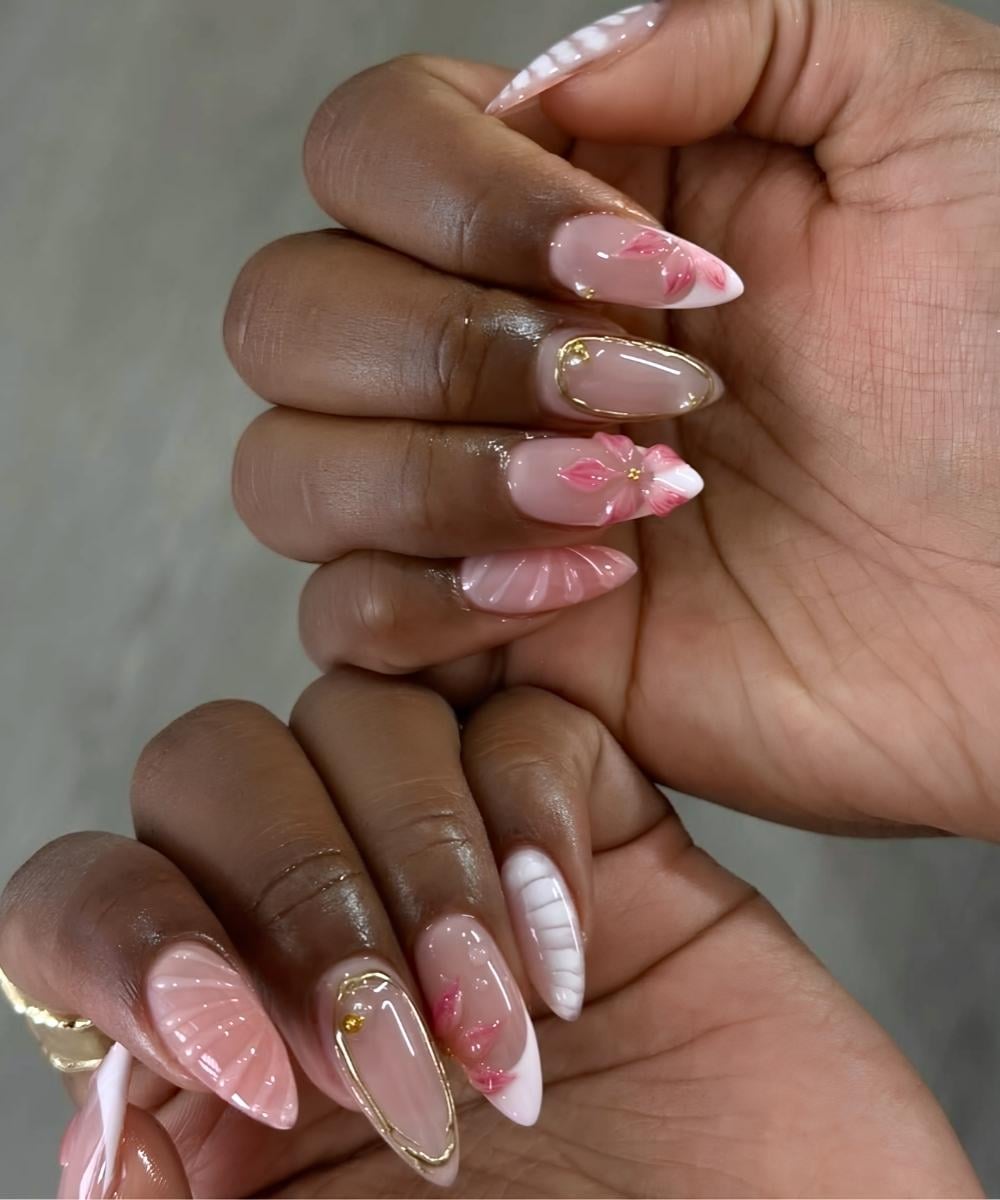 Pink and white mani with 3d cherry blossom art