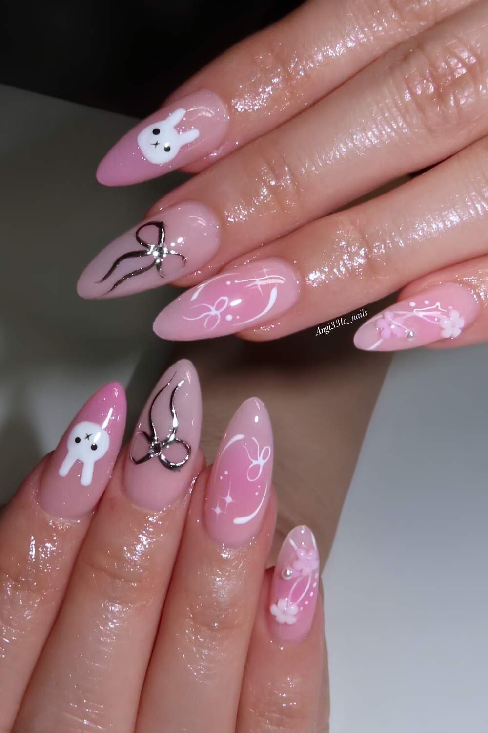 Pink mani with bow and Miffy inspired art
