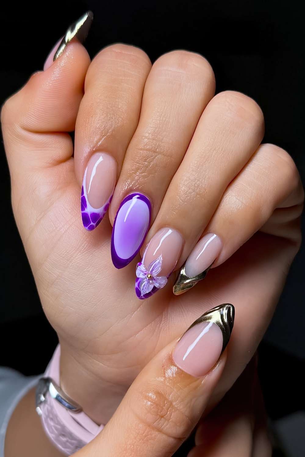 Purple and gold mix and match manicure