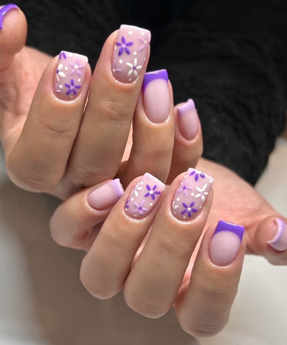Purple and lilac floral French nails