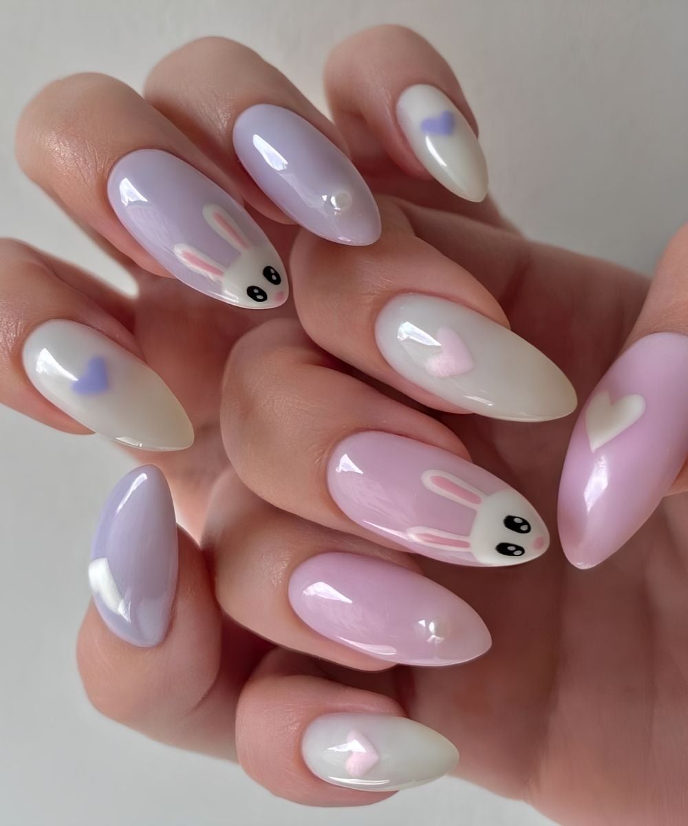 Purple and pink nails with Easter bunny accents