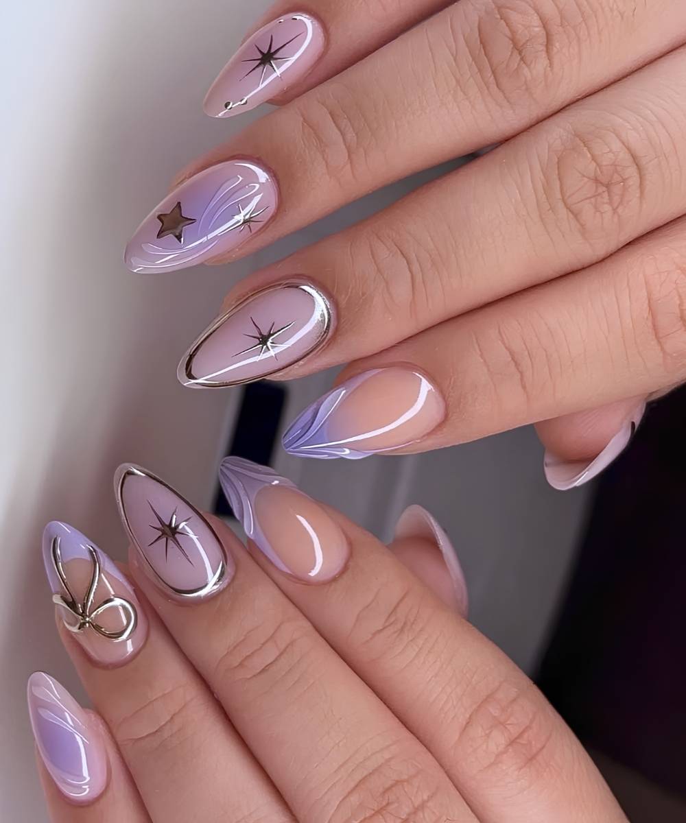 Purple mani with bows and celestial art