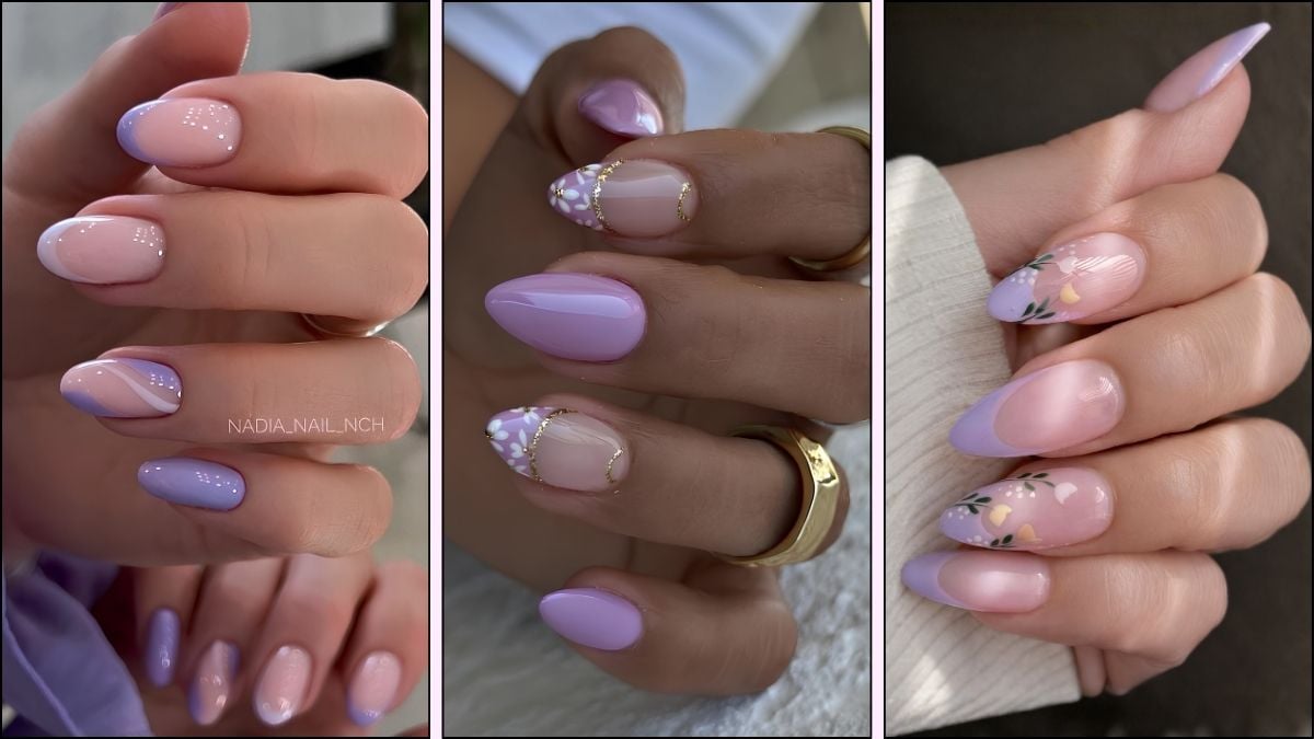 A collage of purple nail designs for spring