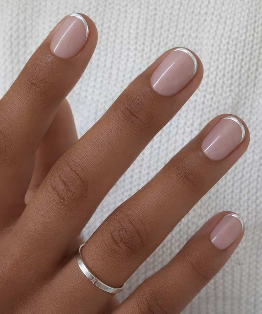 Round silver thin French nails