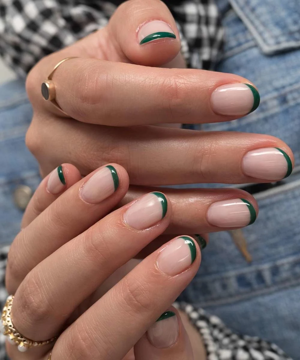 Short dark green French nails