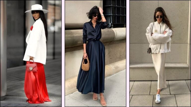 A collage of silk skirt outfit ideas