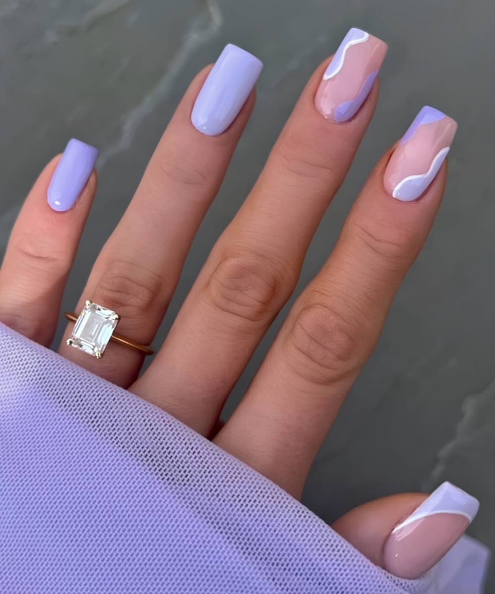Square lavender mani with negative space design