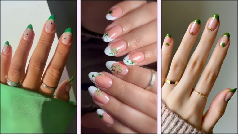A collage of St. Patrick’s Day French tip nails