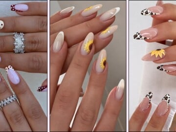 A collage of sunflower nail designs