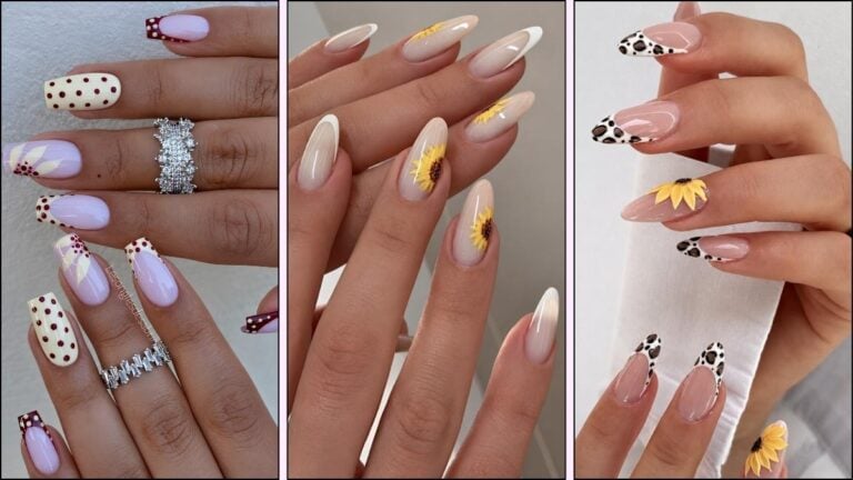 A collage of sunflower nail designs