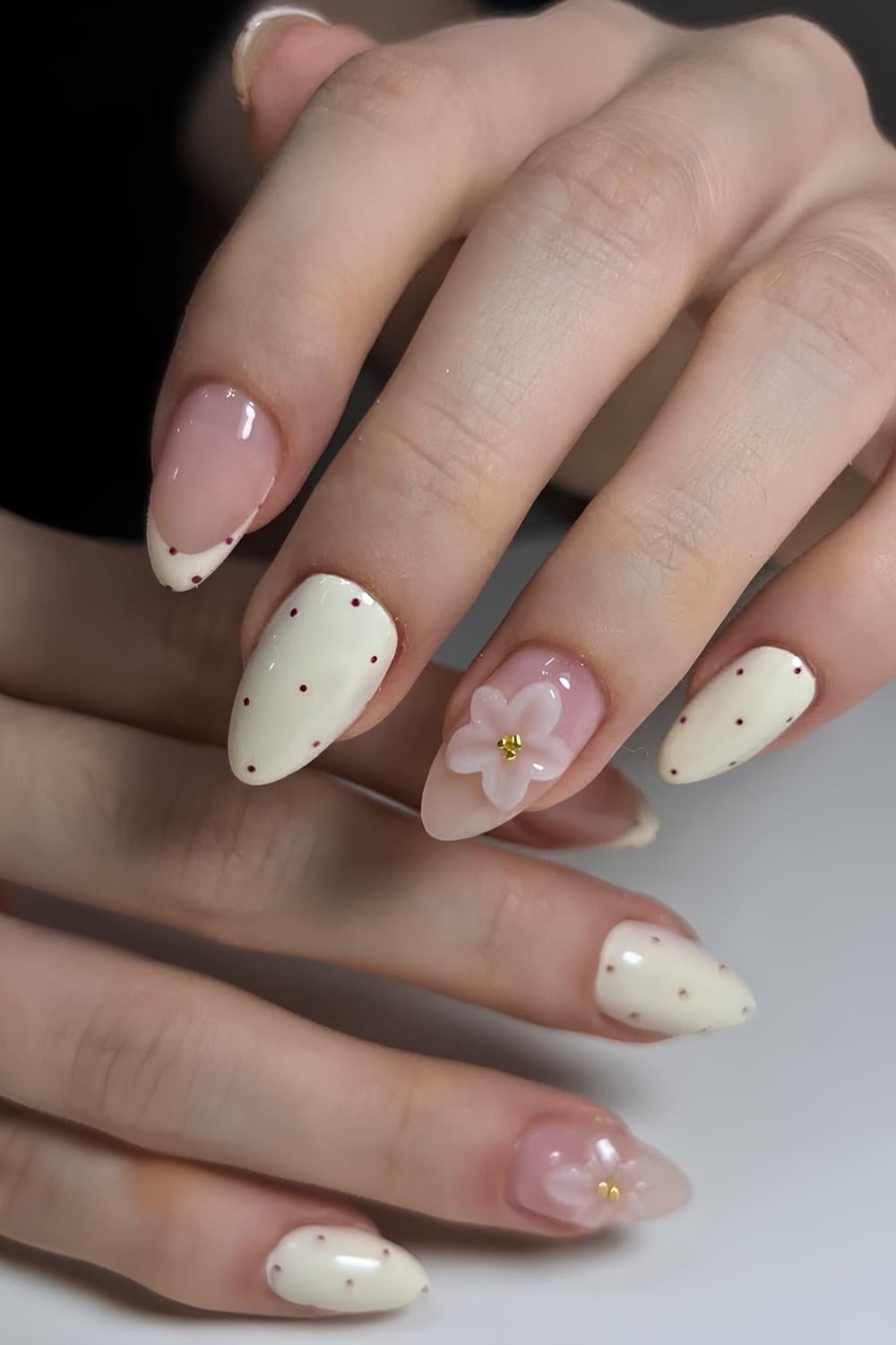 Vanilla mani with polka dots and flowers