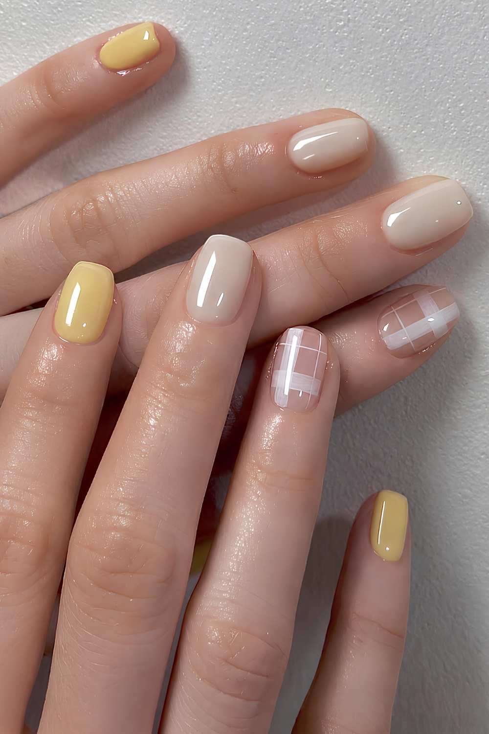 Yellow mani with plaid art