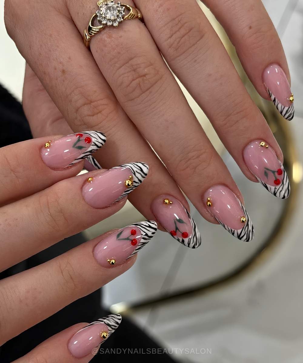 Zebra stripe French mani with cherry art