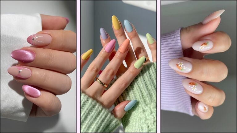 A collage of almond Easter nail designs