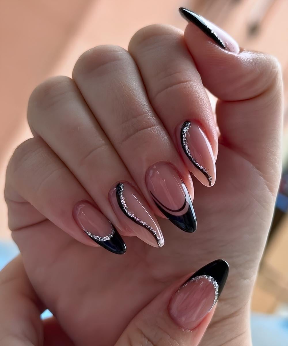 Black French mani with silver glitter lines