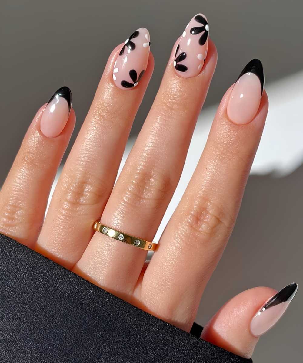 Black French tip mani with florals