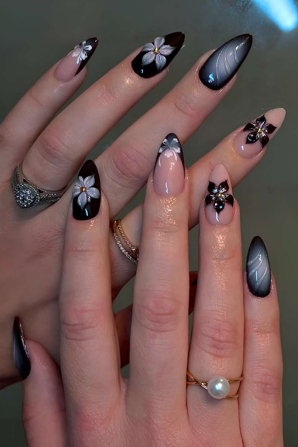 Black and gray nails with 3d flowers