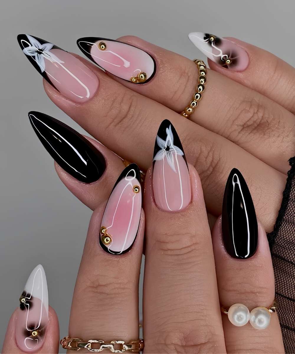 Black and pink nails with florals and aura