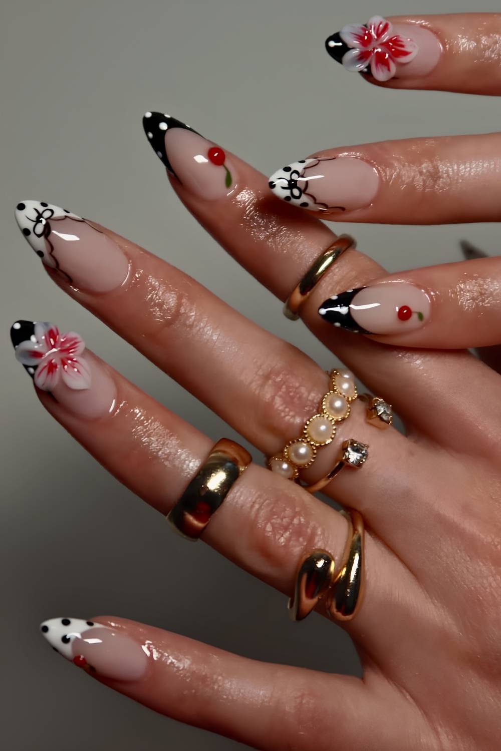 Black and white French nails with cherries and flowers