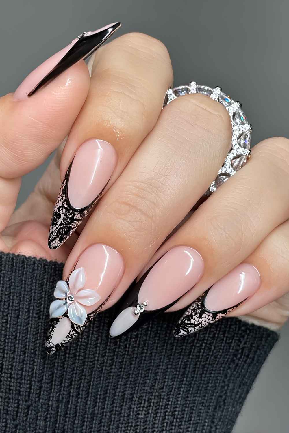 Black lace French mani with florals