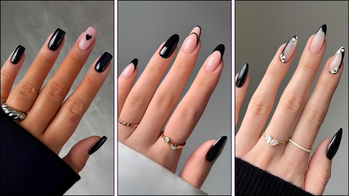 A collage of black nail designs