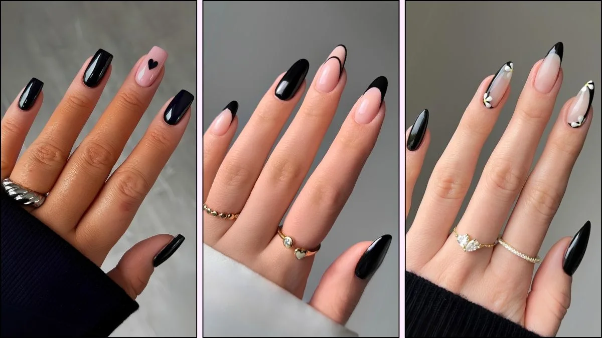 A collage of black nail designs