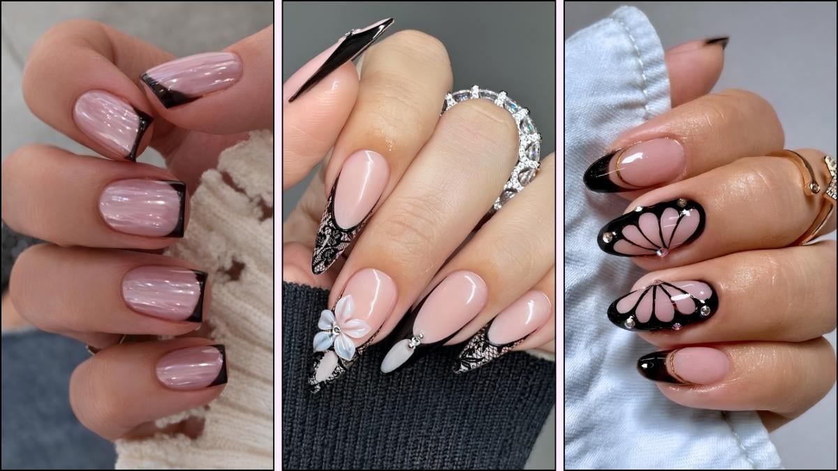 A collage of black nail designs for spring