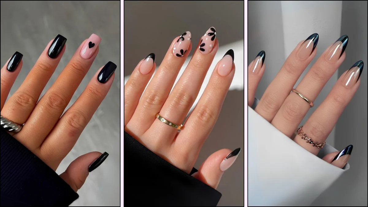A collage of black spring nails