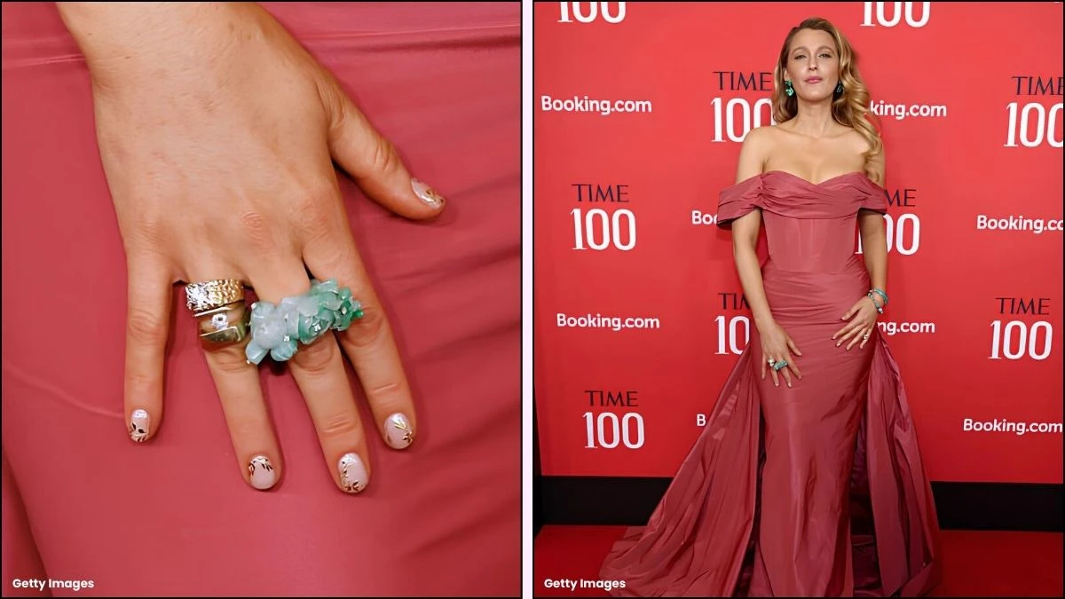 A collage of Blake Lively's Time100 Gala floral nails