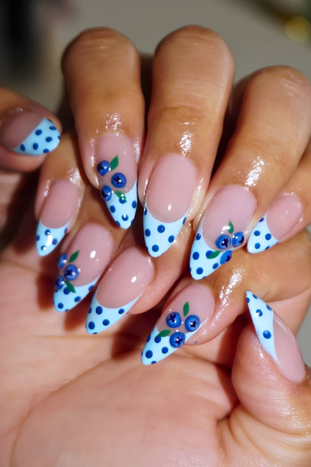Blue polka dot French mani with blueberry accents