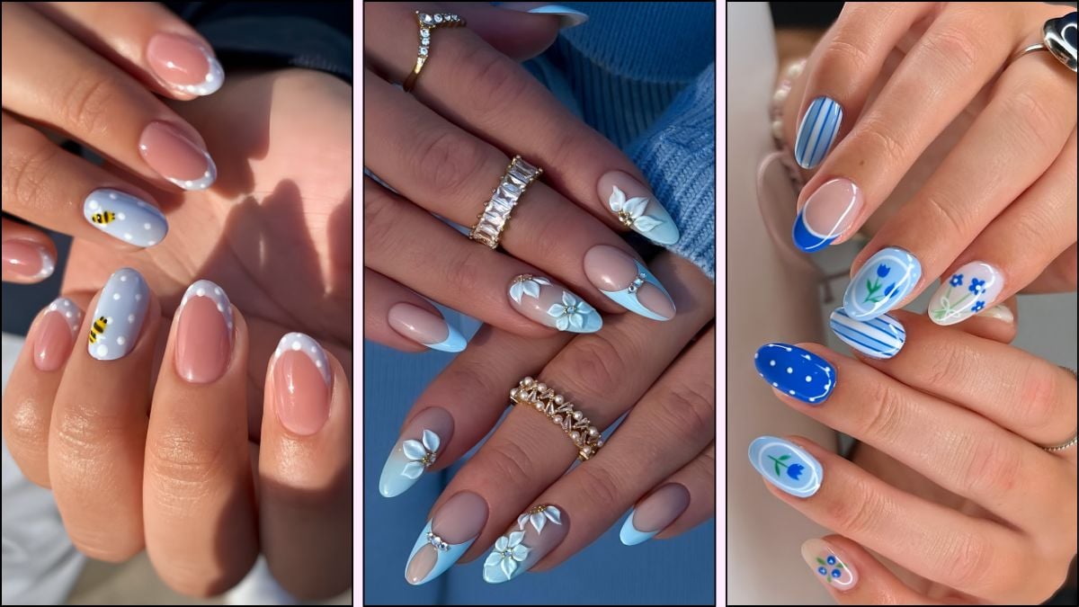 A collage of blue nail designs for spring