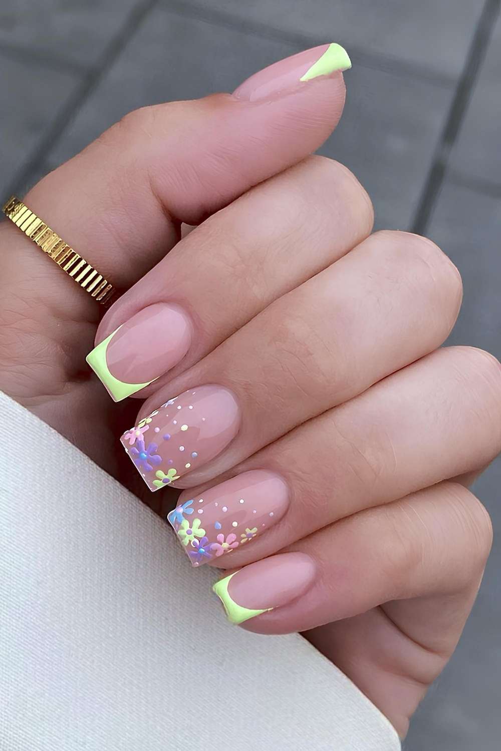 Bright green floral French manicure