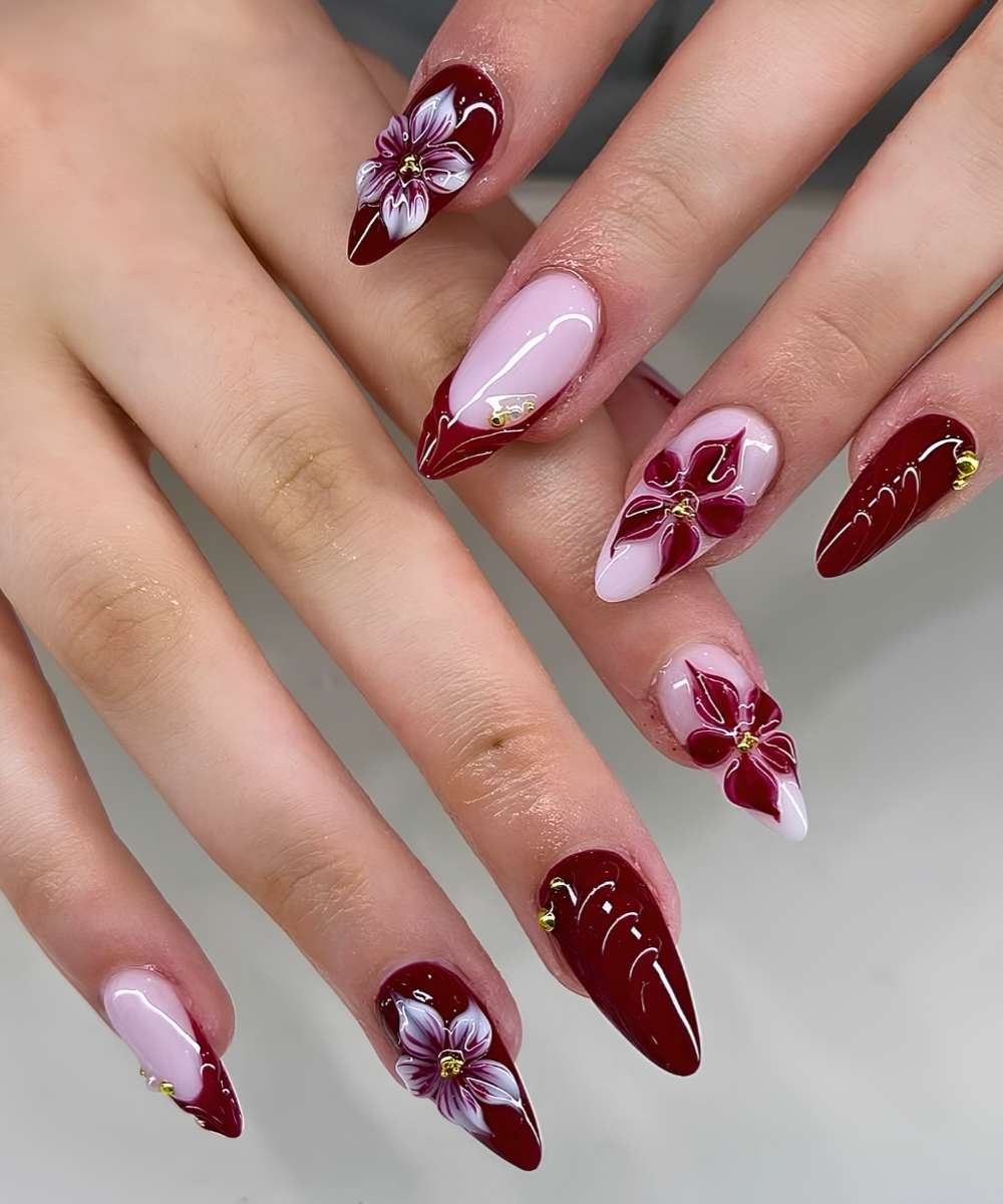 Burgundy spring nails with 3d flowers