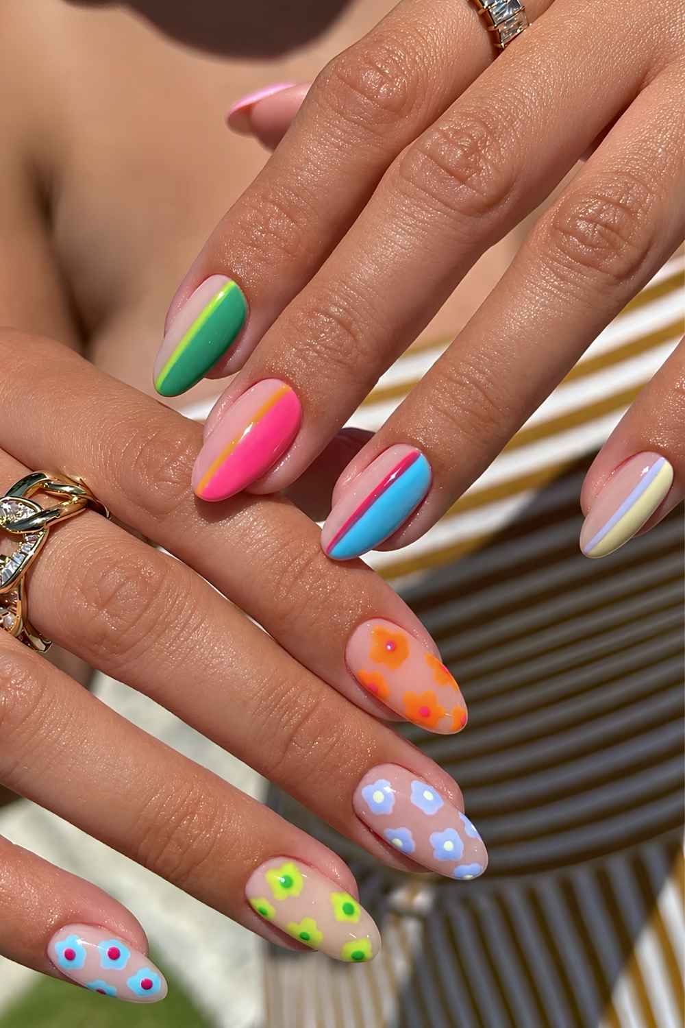 Colorful dopamine mani with stripes and florals