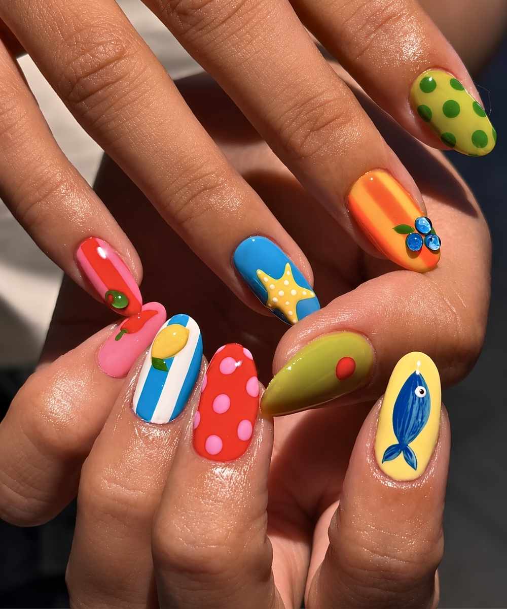 Colorful mani with fruit and fish art
