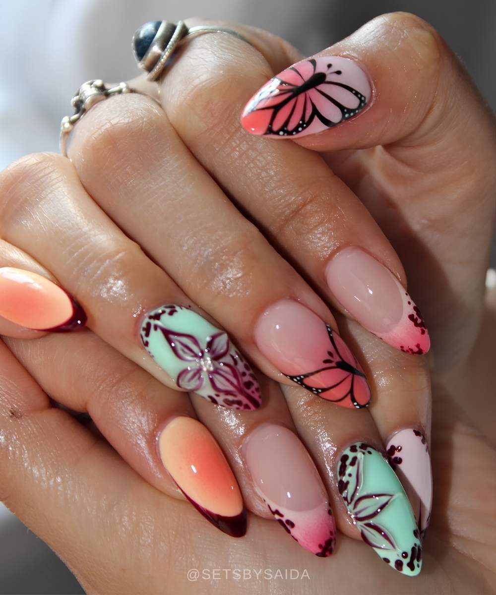 Colorful manicure with butterfly art