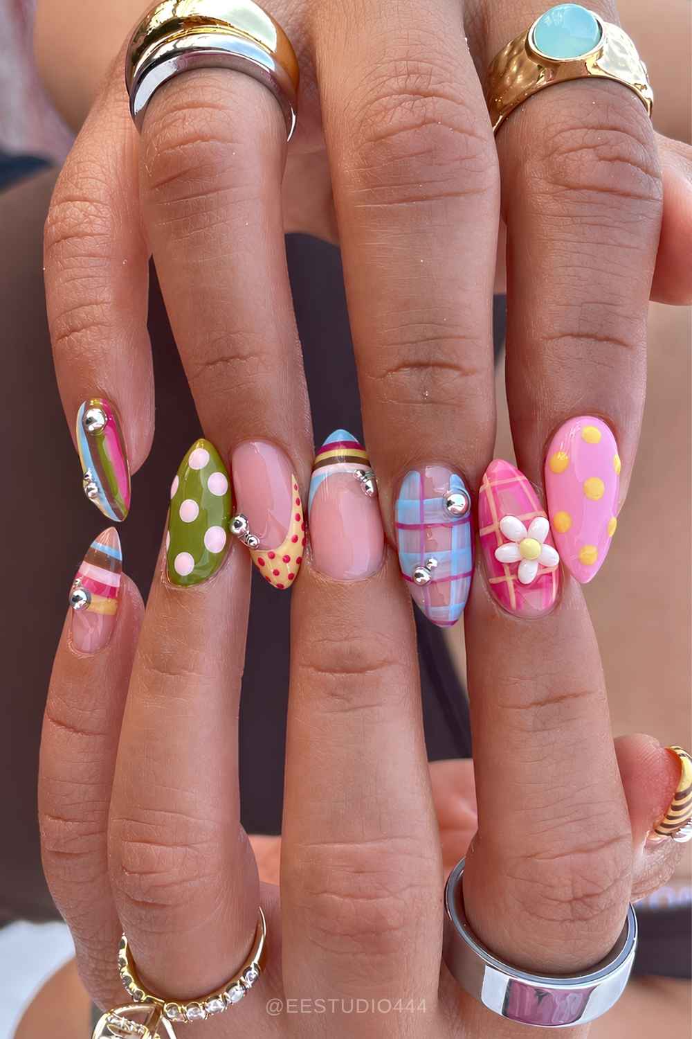 Colorful mismatched nails with metallic beads