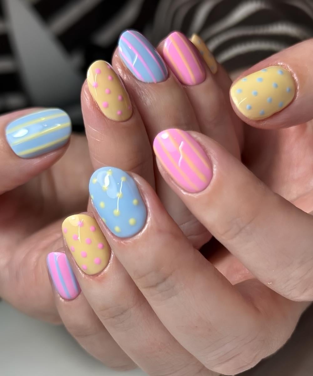 Colorful pastel mani with stripes and dots