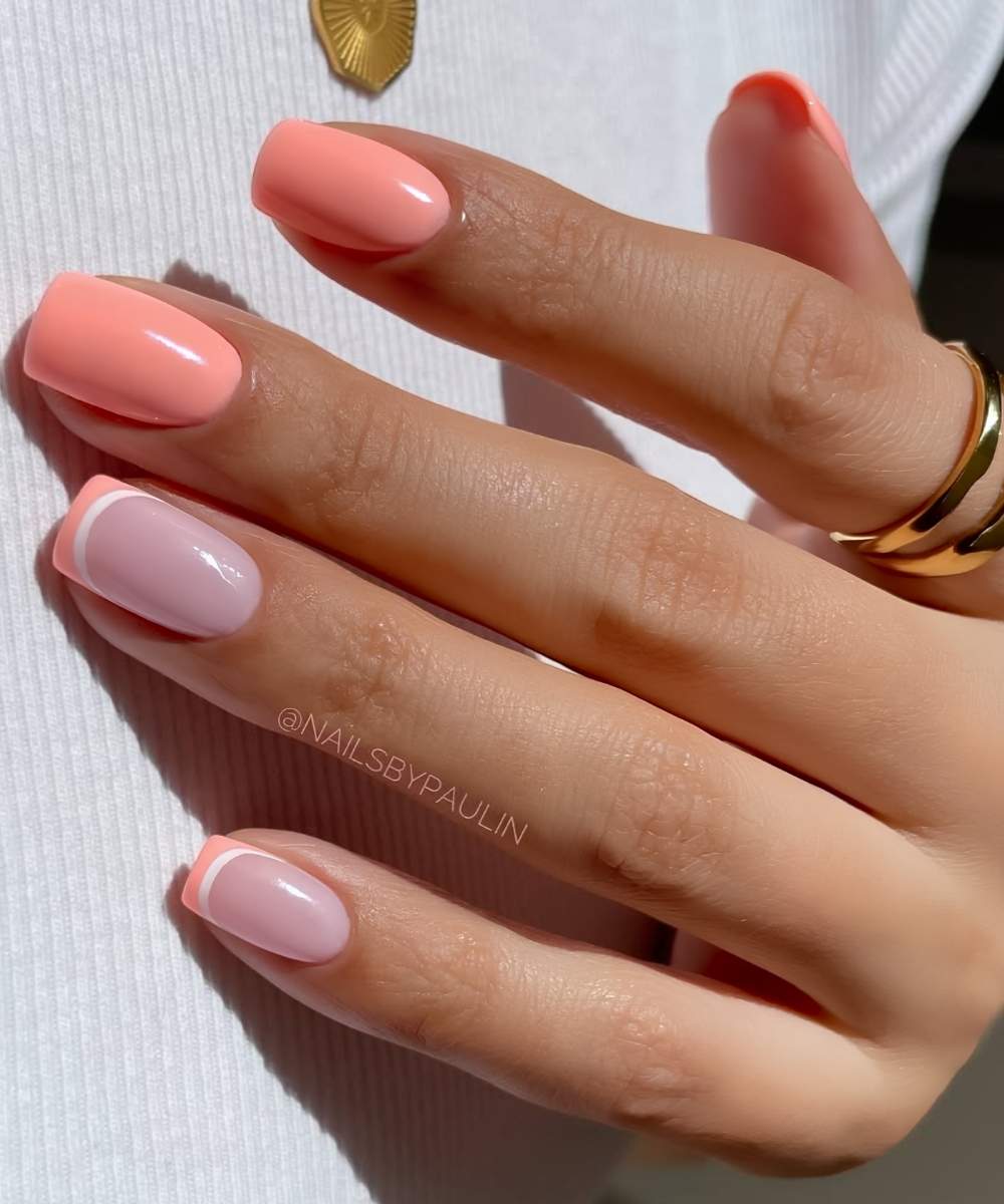 Coral peach mani with accent Frenchies