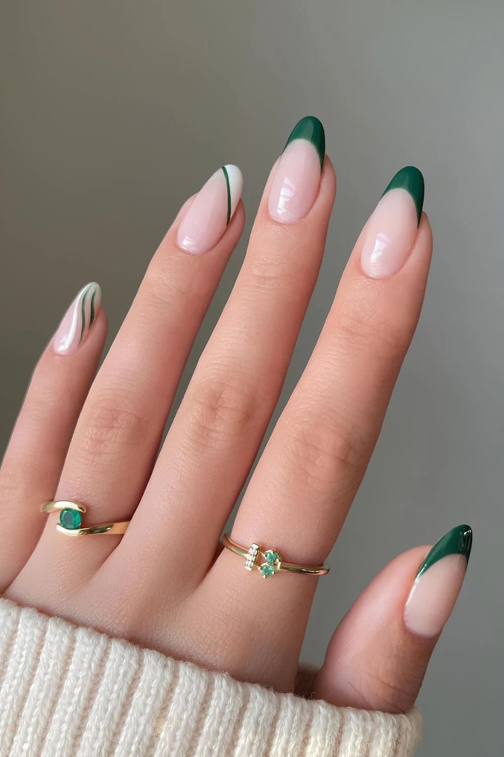 Dark green French nauls with swirly accents