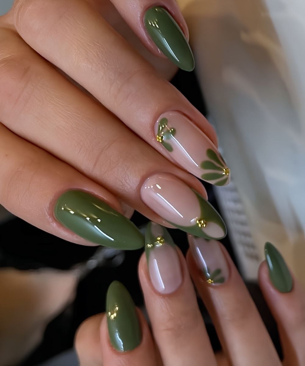 Dark olive green mani with floral art