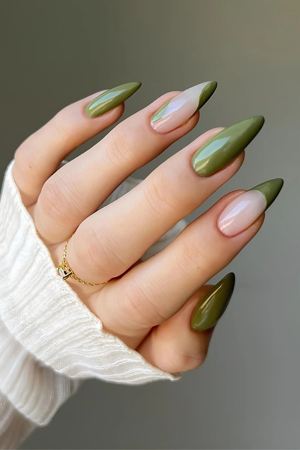Dark olive nails with negative space and French tip accent