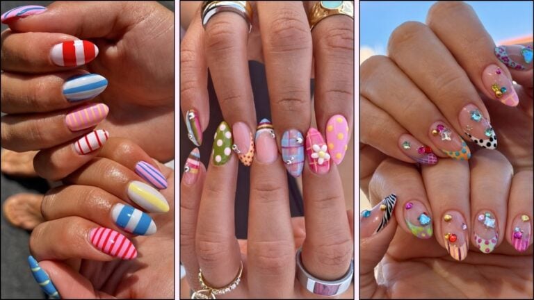 A collage of dopamine nail desgins