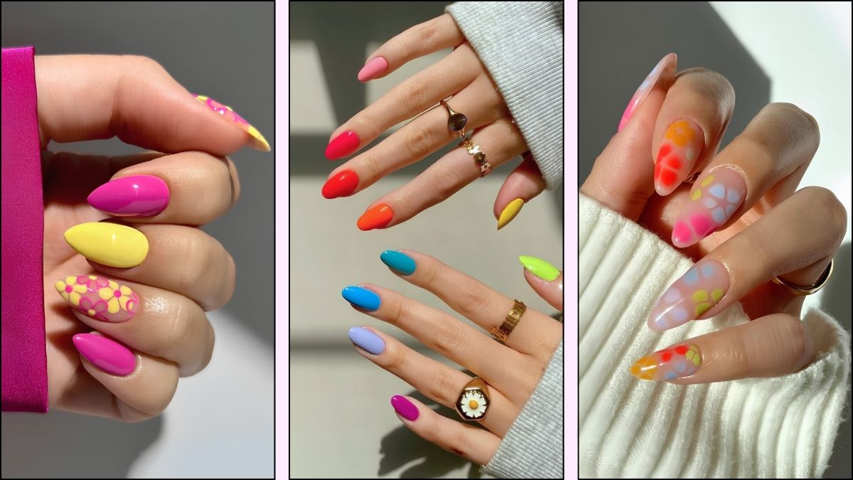 A collage of dopamine nail designs