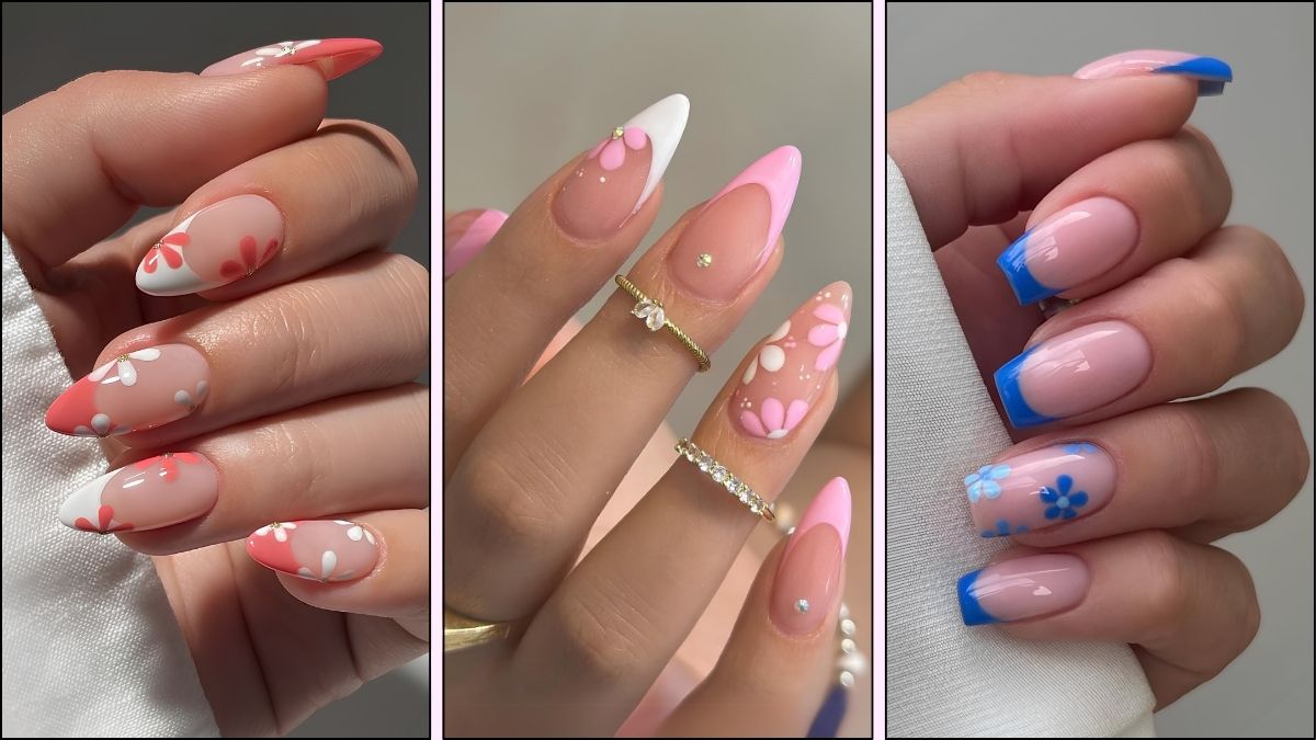 A collage of pretty Floral French tip nail designs