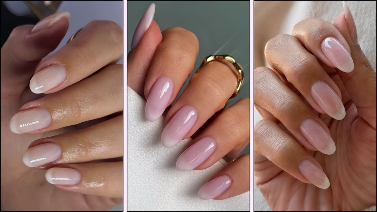 A collage of foggy French tip manicures