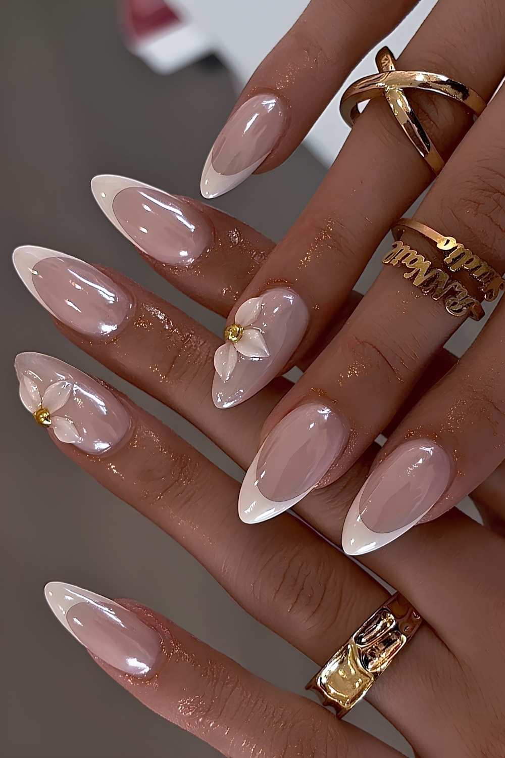 Glazed white French mani with 3d florals