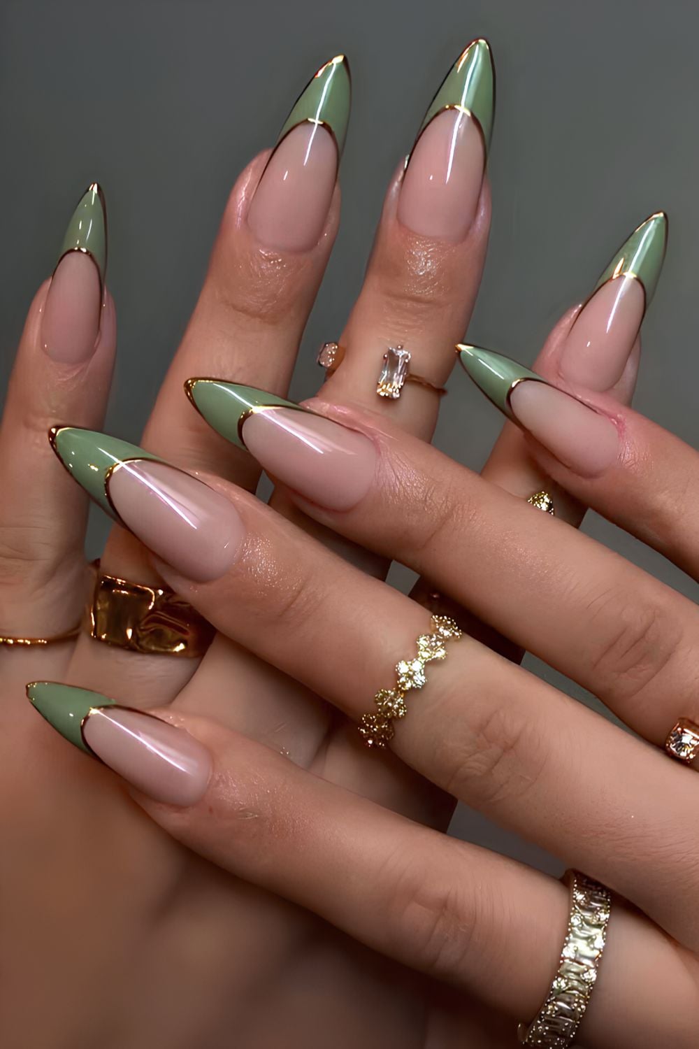 Green French mani with gold outlines